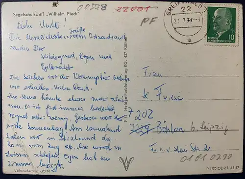 [Echtfotokarte farbig] AK, Segelschulschiff "Wilhelm Pieck", gelaufen mit Poststempel vom 28.07.1971 von Greifswald nach Böhlen bei Leipzig, Karte hat Gebrauchsspuren (Ecke oben rechts und Ecke unten links). 