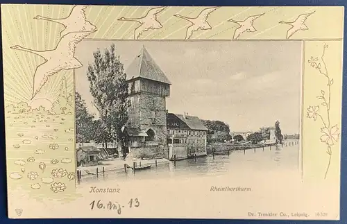 [Lithographie] AK, Passepartout Lithografie, Foto Rheintorturm, ungelaufen, handschriftliches Datum auf der Vorderseite - 16.08.1913. 