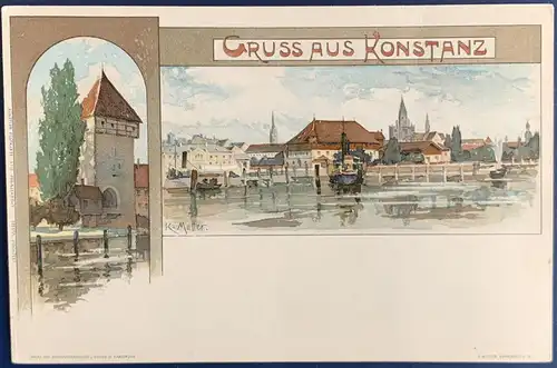 [Künstlerpostkarte reproduziert] AK, "Gruss aus Konstanz", ungelaufen, Blick auf Rheintorturm und Konzil, Karte ist sehr gut erhalten. 