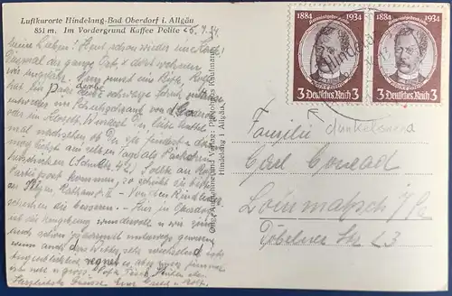 [Echtfotokarte schwarz/weiß] AK, Hindelang, Bad Oberdorf i. Allgäu, frankiert mit 2x Deutsches Reich, Mi.Nr. 540 (Zweierblock waagerecht), gelaufen mit Sonderstempel vom 26.07.1934 von Hindelang nach Lommatzsch/Sachsen. Karte ist sehr gut erhalten,...