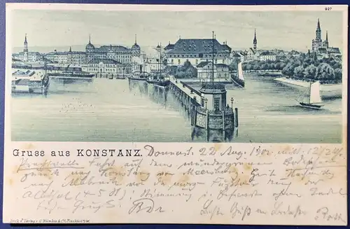 [Künstlerpostkarte reproduziert] AK, "Gruss aus Konstanz", gelaufen mit Poststempel vom 22.08.1901 von Konstanz nach Duisburg (Ankunftstempel 23.08.1901), Karte hat altersbedingte Flecken, ansonsten sehr gute Erhaltung, Stempel gut lesbar. 