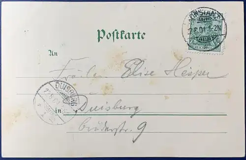 [Künstlerpostkarte reproduziert] AK, "Gruss aus Konstanz", gelaufen mit Poststempel vom 22.08.1901 von Konstanz nach Duisburg (Ankunftstempel 23.08.1901), Karte hat altersbedingte Flecken, ansonsten sehr gute Erhaltung, Stempel gut lesbar. 