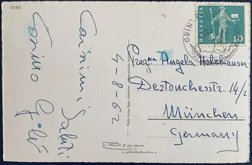 [Echtfotokarte schwarz/weiß] AK, Interlaken, gelaufen mit Poststempel vom 04.08.1962 von Grindelwald nach München, sehr gute Erhaltung. 