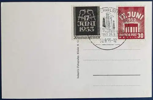 [Echtfotokarte schwarz/weiß] AK, "Gruss aus Berlin", frankiert mit Berlin, Mi.Nr. 110/111, ungelaufen, entwertet mit Sonderstempel “Deutsche Industrieausstellung Berlin, 1953”, Berlin-Charlottenburg. Karte ist sehr gut erhalten. 