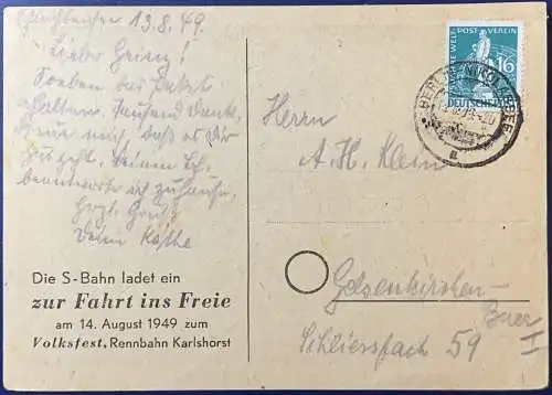 [Künstlerpostkarte reproduziert] AK, "25 Jahre Berliner S-Bahn", frankiert mit Mi.Nr. 36, gelaufen mit Poststempel vom 13.08.1949 von Berlin-Nikolassee nach Gelsenkirchen-Buer. Seltenes Exemplar, sehr gut erhalten!. 