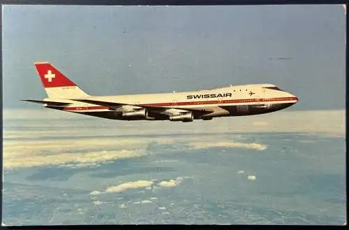 [Echtfotokarte farbig] AK Swissair Boeing 747 B, gelaufen von Israel in die DDR, Karte ist sehr gut erhalten, Briefmarken wurden per Hand entwertet. 