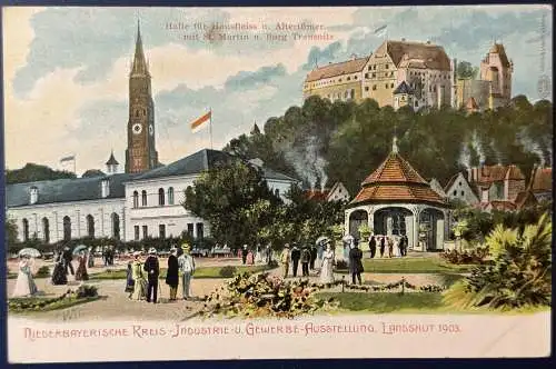 [Künstlerpostkarte reproduziert] Künstler Ansichtskarte Landshut , “Niederbayerische Kreis-, Industrie- u. Gewerbeausstellung 1903”, ungelaufen.
Karte hat auf der Rückseite Klebepunkte (siehe Scan), ansonsten sehr gut erhalten. 