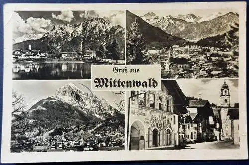 [Echtfotokarte schwarz/weiß] AK Mittenwald, frankiert mit Mi.Nr.168 und Notopfer, gelaufen mit Poststempel vom 09.07.1953 von Mittenwald nach Hackenheim. Karte ist sehr gut erhalten. 