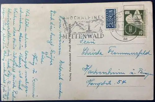 [Echtfotokarte schwarz/weiß] AK Mittenwald, frankiert mit Mi.Nr.168 und Notopfer, gelaufen mit Poststempel vom 09.07.1953 von Mittenwald nach Hackenheim. Karte ist sehr gut erhalten. 