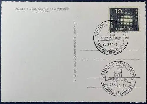 [Echtfotokarte schwarz/weiß] AK Berlin, Internationale Bauausstellung Objekt 8, ungelaufen, frankiert mit Mi.Nr. 267, entwertet mit Sonderstempel der Interbau Berlin vom 25.09.1957, Karte ist ausgezeichnet erhalten. 