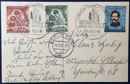 [Echtfotokarte schwarz/weiß] AK Berlin, Blick vom Funkturm auf Sommergarten und Platz der Nationen, frankiert mit nicht portogerechter Mischfrankatur, bestehend aus Berlin Mi.Nr. 80 + 81 sowie Bund Mi.Nr. 155, gelaufen mit Sonderstempel (Deutsche...