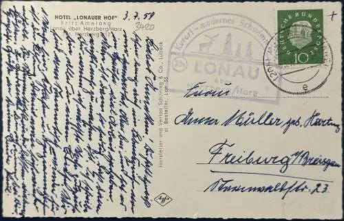 [Echtfotokarte schwarz/weiß] AK Lonau im Harz (Landpoststempel), gelaufen mit Poststempel vom 03.07.1959 vom Lonau über Herzberg nach Freiburg i. Breisgau. Die Karte hat einen Eckknick rechts unten (siehe Scan), ansonsten gut erhalten. 