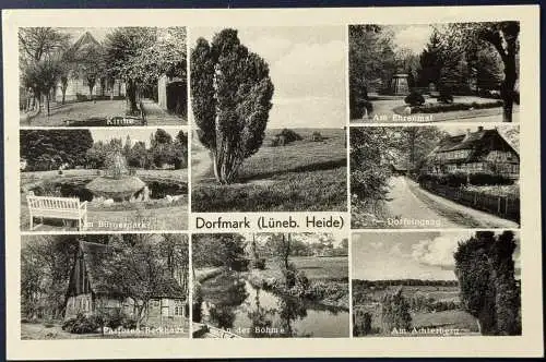 [Echtfotokarte schwarz/weiß] AK Dorfmark (Lüneburger Heide), Landpoststempel, gelaufen mit Poststempel vom 25.10.1957 von Dorfmark über Soltau nach ?? bei Hameln, Karte ausgezeichnet erhalten, saubere Stempel. 