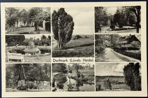 [Echtfotokarte schwarz/weiß] AK Dorfmark (Lüneburger Heide), gelaufen mit Poststempel vom 25.10.1957 von Dorfmark (Landpoststempel) über Soltau nach ?? bei Hameln, Karte ausgezeichnet erhalten, saubere Stempel. 