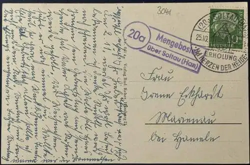 [Echtfotokarte schwarz/weiß] AK Dorfmark (Lüneburger Heide), Landpoststempel, gelaufen mit Poststempel vom 25.10.1957 von Dorfmark über Soltau nach ?? bei Hameln, Karte ausgezeichnet erhalten, saubere Stempel. 