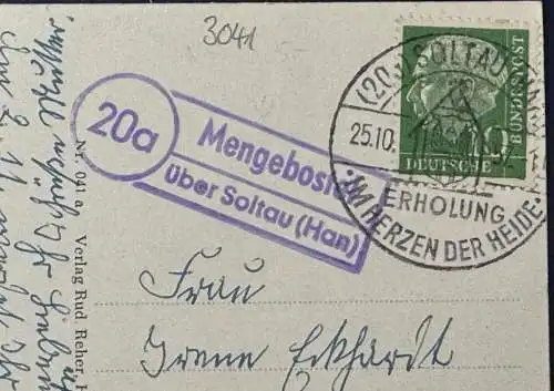 [Echtfotokarte schwarz/weiß] AK Dorfmark (Lüneburger Heide), Landpoststempel, gelaufen mit Poststempel vom 25.10.1957 von Dorfmark über Soltau nach ?? bei Hameln, Karte ausgezeichnet erhalten, saubere Stempel. 