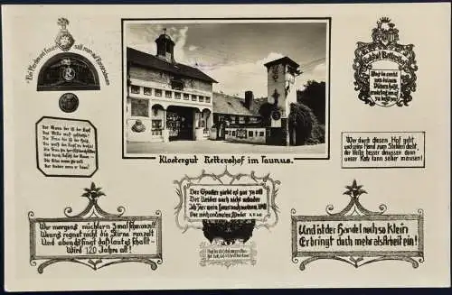 [Echtfotokarte schwarz/weiß] AK Klostergut Rettershof im Taunus, gelaufen mit Sonderstempel vom 24.08.1956 von Rettershof (Landpoststempel) über Königstein nach Kassel-Bettenhausen, Karte ist sehr gut erhalten. 