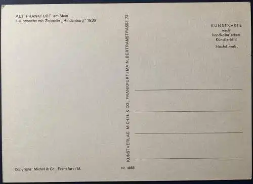 [Hand-Koloriert] AK Alt Frankfurt a.Main, Hauptwache mit Zeppelin Hindenburg, 1936, ungelaufen, Eckknick oben links (siehe Scan), ansonsten ausgezeichnete Erhaltung. 