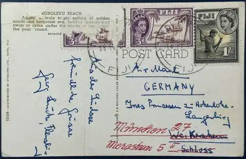 [Echtfotokarte farbig] AK Fidschi (Fiji), Korolevu Beach, gelaufen mit Poststempel vom 18.02.1961, Format 13,6 x 8,7 cm, deutliche Gebrausspuren (siehe Scan). 