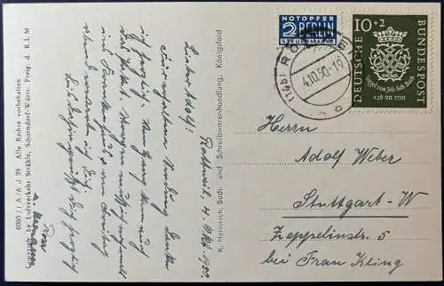 [Echtfotokarte schwarz/weiß] AK Königsfeld i. Schwarzwald, frankiert mit Bund, Mi.Nr.121 und Notopfer, gelaufen mit Poststempel vom 04.10.1950 von Rottweil nach Stuttgart. 
Karte ist einwandfrei erhalten!. 