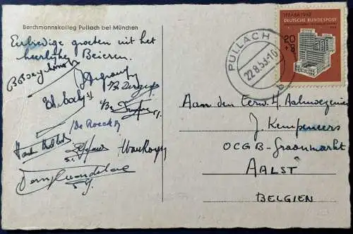 [Echtfotokarte schwarz/weiß] AK Berchmannskolleg Pullach b. München, 1953, frankiert mit Mi.Nr.172, gelaufen mit Poststempel vom 22.08.1953 von Pullach nach Aalst/Belgien (Portogerecht frankiert). Rückseitig leichter Fleck oben links (siehe Scan),...