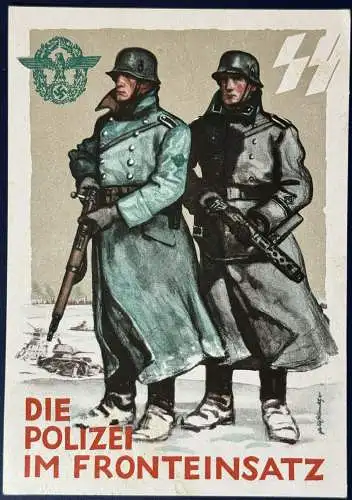 [Künstlerpostkarte reproduziert] Propagandakarte "Die Polizei im Fronteinsatz", Deutsches (III.) Reich, 1942, frankiert mit Mi.Nr.786, gelaufen mit Poststempel von Braunschweig-Gliesmarode nach Helmstedt. Karte ist einwandfrei erhalten. 