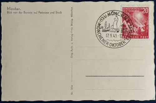 [Echtfotokarte schwarz/weiß] AK München Oktoberfest, 1949, ungelaufen, frankiert mit Mi.Nr. 112, entwertet mit Sonderstempel vom 17.09.1949 in München, Karte ist ausgezeichnet erhalten. 