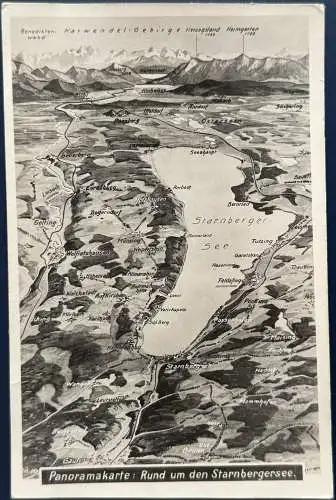 [Künstlerpostkarte reproduziert] AK Panorama - Rund um den Starnbergersee, 1935, gelaufen als Drucksache mit Poststempel vom 17.06.1935 von Feldafing nach Leutersdorf i. Sachsen, Firmenwerbung auf der Rückseite, Karte ist sehr gut erhalten. 