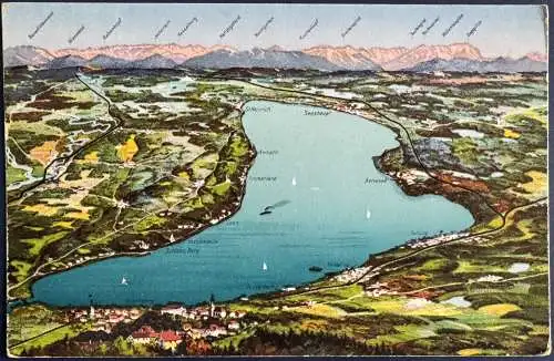 [Künstlerpostkarte reproduziert] AK Starnberger See, Panorama, 1928, gelaufen mit Datum vom 15.06.1928 von ? nach Goslar i. Harz, Briefmarke wurde entfernt, ansonsten gute Erhaltung. 