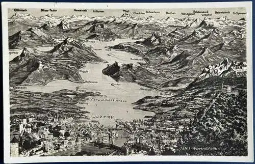 [Künstlerpostkarte reproduziert] AK Vierwaldstätter See, Panorama, 1929, gelaufen mit Poststempel vom 27.05.1929 von Zug/Schweiz nach Memmingen/Deutschland, Karte ist sehr gut erhalten. 