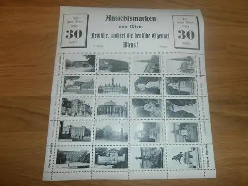 alter Bogen mit Briefmarken , " Deutsche, wahret die deutsche Eigenart Wiens " , Marken , Wien , ca. 1915 !!!