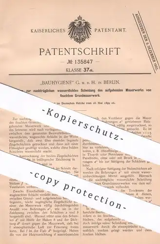 original Patent -  Bauhygiene GmbH , Berlin , 1899 , Entfeuchtung von Mauerwerk | Mauern , Grundmauer | Beton , Bau !!