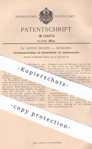 original Patent - Dr. Anton Bulling , München , 1900 , Zerstäuber mit Druckluft für Inhalation | Medizin , Arzt !!