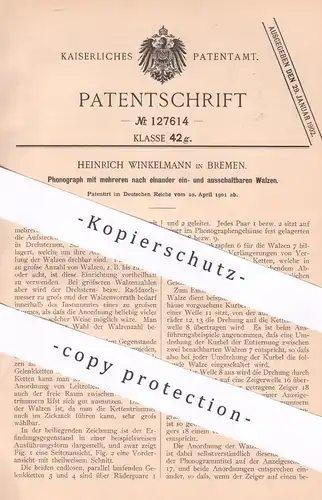 original Patent - Heinrich Winkelmann , Bremen , 1901 , Phonograph | Phonographen | Walzen | Sprechmaschine | Schall !!