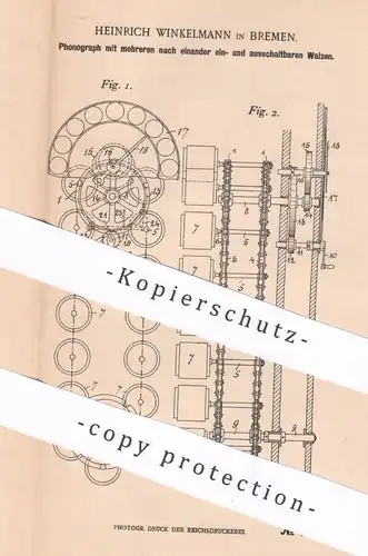 original Patent - Heinrich Winkelmann , Bremen , 1901 , Phonograph | Phonographen | Walzen | Sprechmaschine | Schall !!