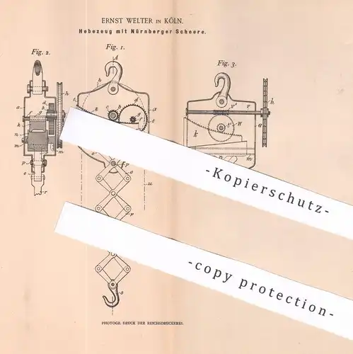 original Patent - Ernst Welter , Köln / Rhein | 1901 | Hebezeug mit Nürnberger Scheere | Schere | Aufzug , Seilzug !!