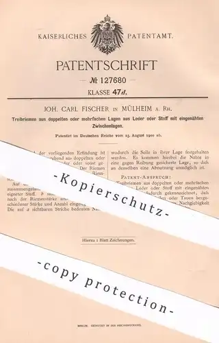 original Patent - Joh. Carl Fischer , Mülheim a. Rh. , 1900 , Treibriemen aus Leder o. Stoff | Riemen | Seil , Tau !!