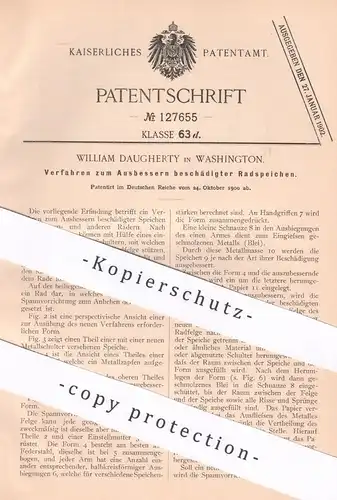 original Patent - William Daughterty , Washington , USA , 1900 , Ausbessern beschädigter Radspeichen | Rad - Speichen !