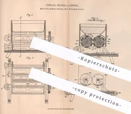 original Patent - Oswald Zeuner , Leisnig , 1899 , Käseformmaschine mit Formwalzen | Käse , Käserei | Walze , Formen !!