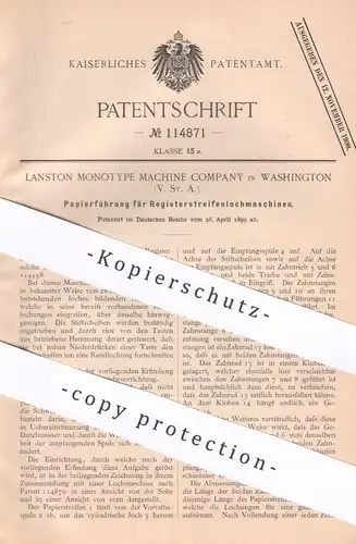 original Patent - Lanston Monotype Machine Company , Washington , USA | 1899 | Papierführung für Streifenlochmaschine !!