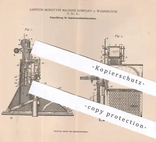 original Patent - Lanston Monotype Machine Company , Washington , USA | 1899 | Papierführung für Streifenlochmaschine !!