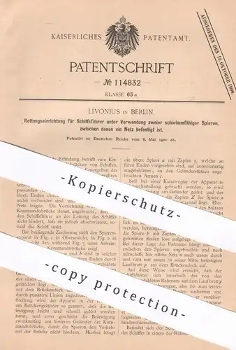 original Patent - Livonius , Berlin , 1900 , Rettungseinrichtung für Schiffsführer | Schiff , Schiffe , Boot , Boote !!