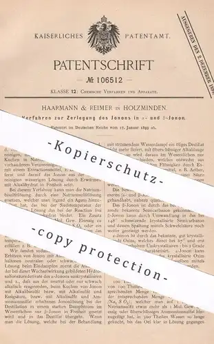 original Patent - Haarmann & Reimer , Holzminden , 1899 , Zerlegung vom Jonon in alpha- u. beta-Jonon | Tiemann | Chemie
