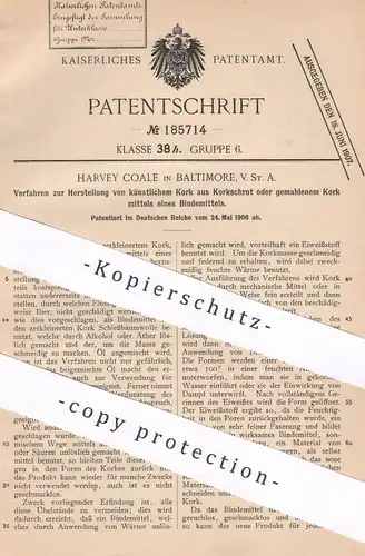 original Patent - Harvey Coale , Baltimore , USA , 1906 , künstlicher Kork aus Korkschrot | Bindemittel | Baumwolle