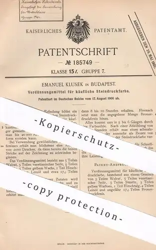 original Patent - Emanuel Klusek , Budapest , Ungarn , 1906 , Verdünnung für Steindruckfarbe | Farbe , Lack , Maler