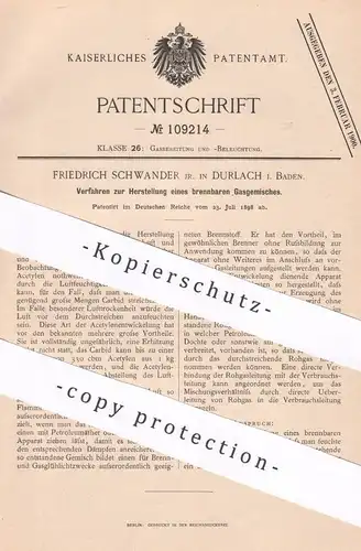 original Patent - Friedrich Schwander , Durlach / Baden , 1898 , brennbares Gasgemische | Gas , Gase | Benzin , Gasolin