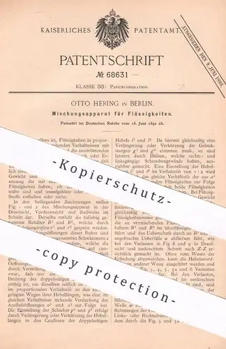 original Patent - Otto Hering , Berlin , 1892 , Mischungsapparat für Flüssigkeiten | Herst. von Papier | Papierfabrik !
