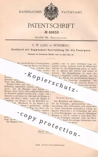 original Patent - C. W. Lang , Nürnberg , 1892 ,  Kochherd mit Zugwechsel für Feuergase | Herd , Kochen , Ofen , Gas !