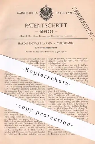 original Patent - Hakon Sigwart Larsen , Christiania Norwegen | 1892 | Korkenschneidemaschine | Korken schneiden | Kork