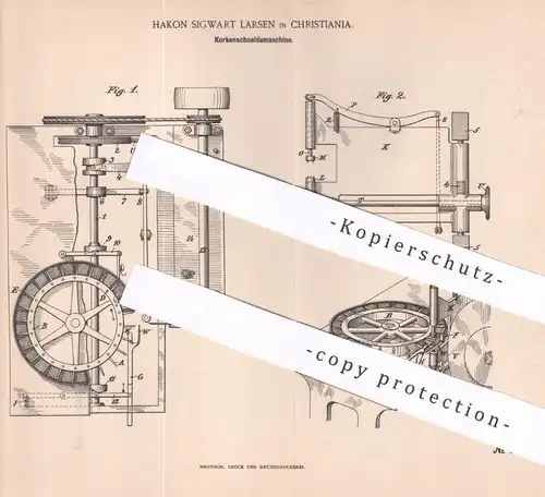 original Patent - Hakon Sigwart Larsen , Christiania Norwegen | 1892 | Korkenschneidemaschine | Korken schneiden | Kork